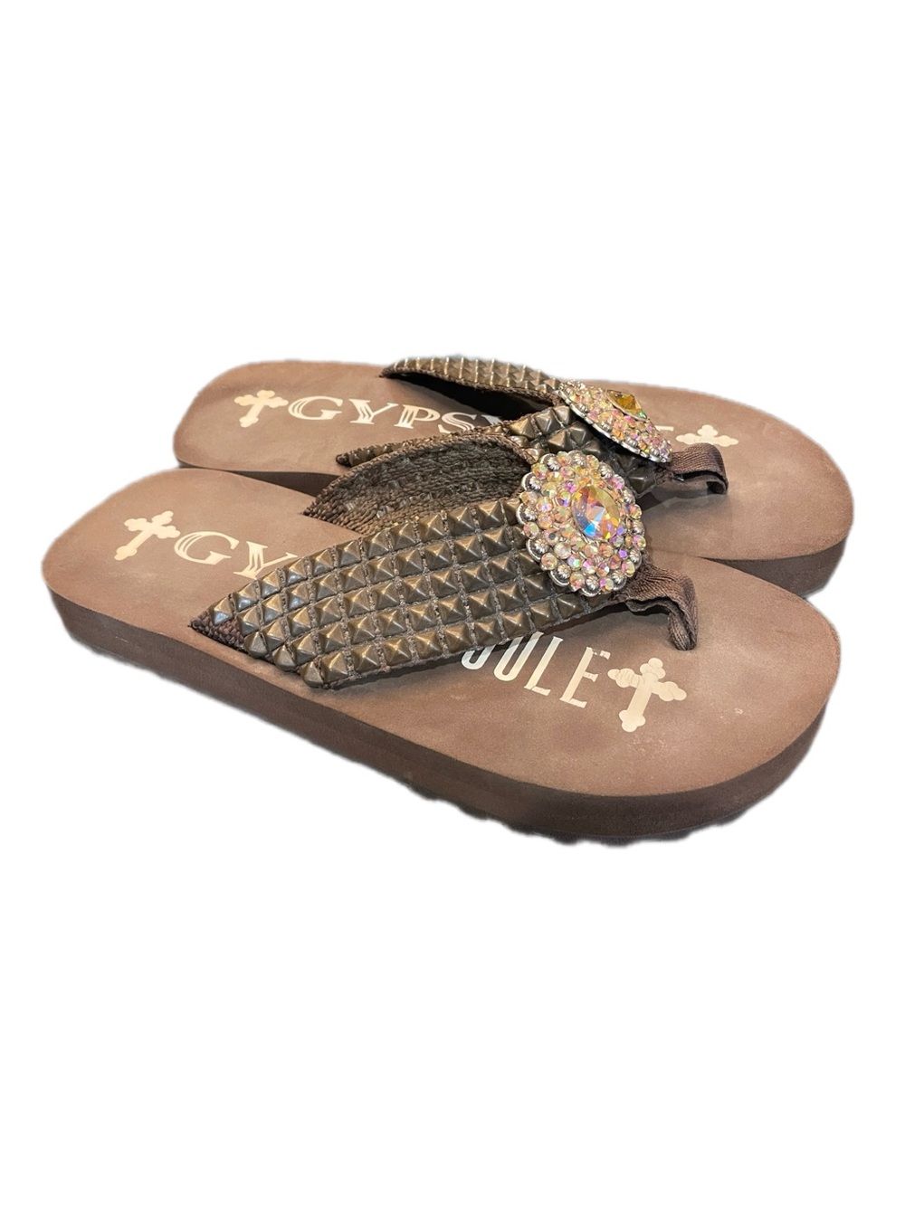 Gypsy Soule women's flip-flop sandals, size 7, brown, pearly western style Y2K